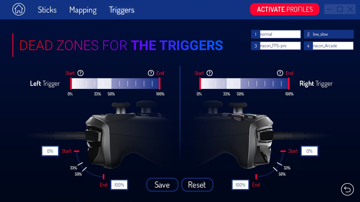 【星4】nacon「レボリューション プロ コントローラー2」レビュー。使用感を徹底解説： トリガーの設定画面